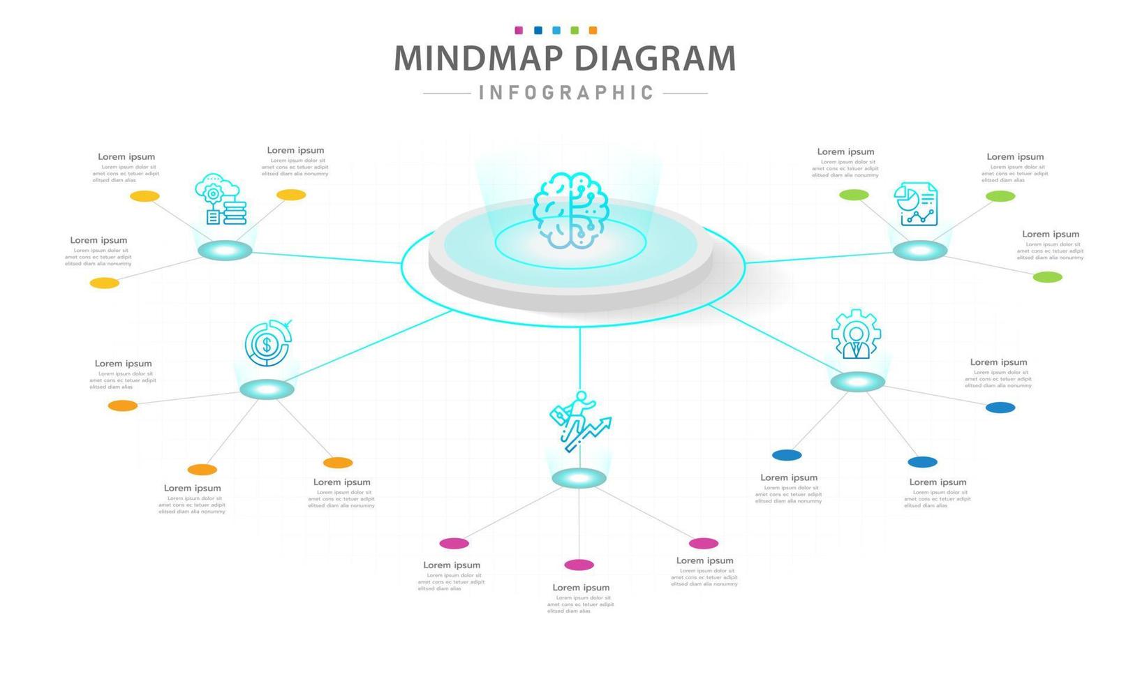 plantilla infográfica para negocios. Diagrama de mapa mental moderno de 5 pasos con estilo futurista, infografía vectorial de presentación. vector