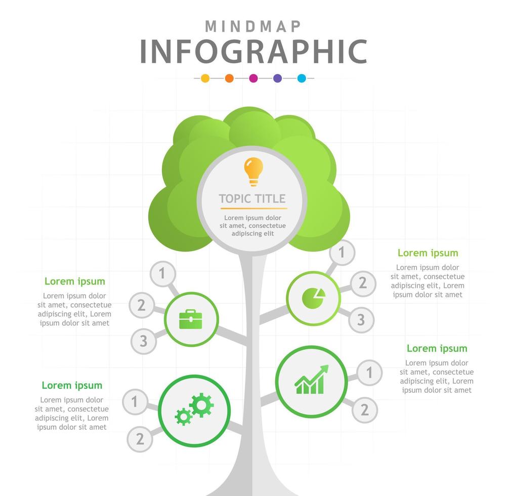 plantilla infográfica para negocios. Diagrama de mapa mental moderno de 5 pasos con árbol y ramas, infografía vectorial de presentación. vector
