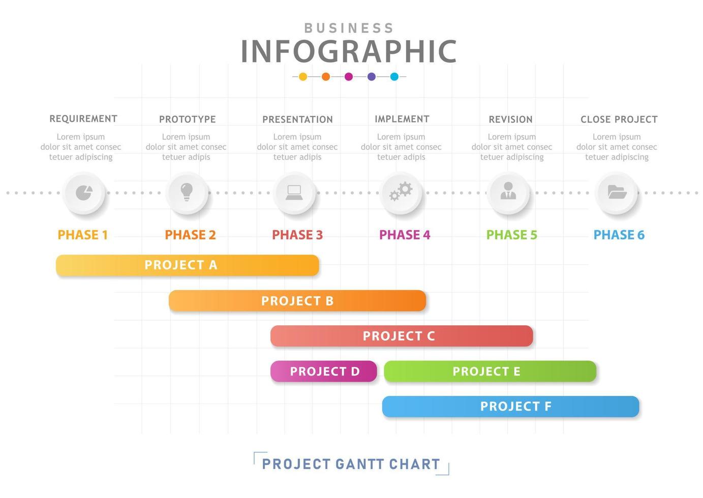 Infographic template for business. 6 Steps Modern Timeline diagram calendar with grantt chart, presentation vector infographic.