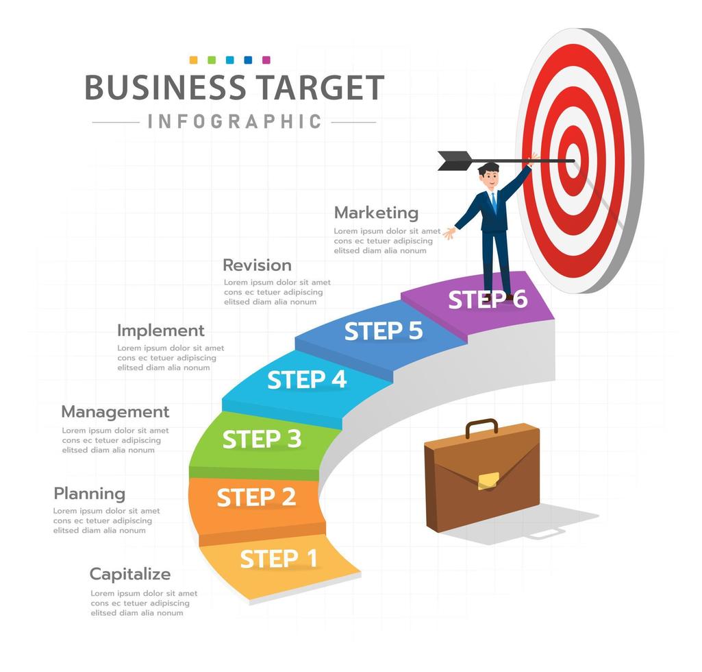 Infographic 6 Steps Modern Target diagram with staircase. vector