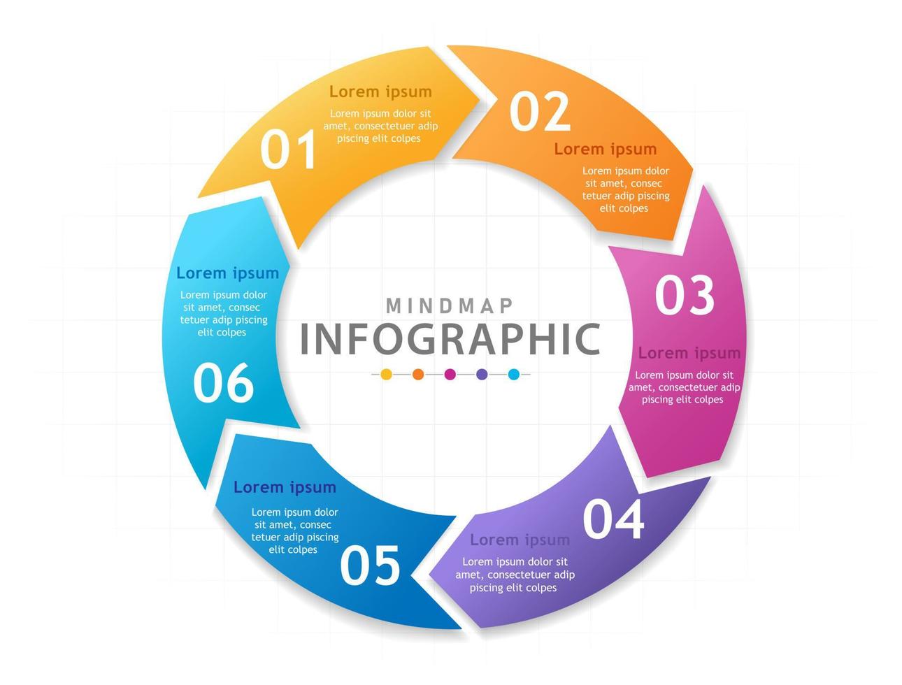 plantilla infográfica para negocios. Diagrama de mapa mental moderno de 6 pasos con círculo, infografía vectorial de presentación. vector