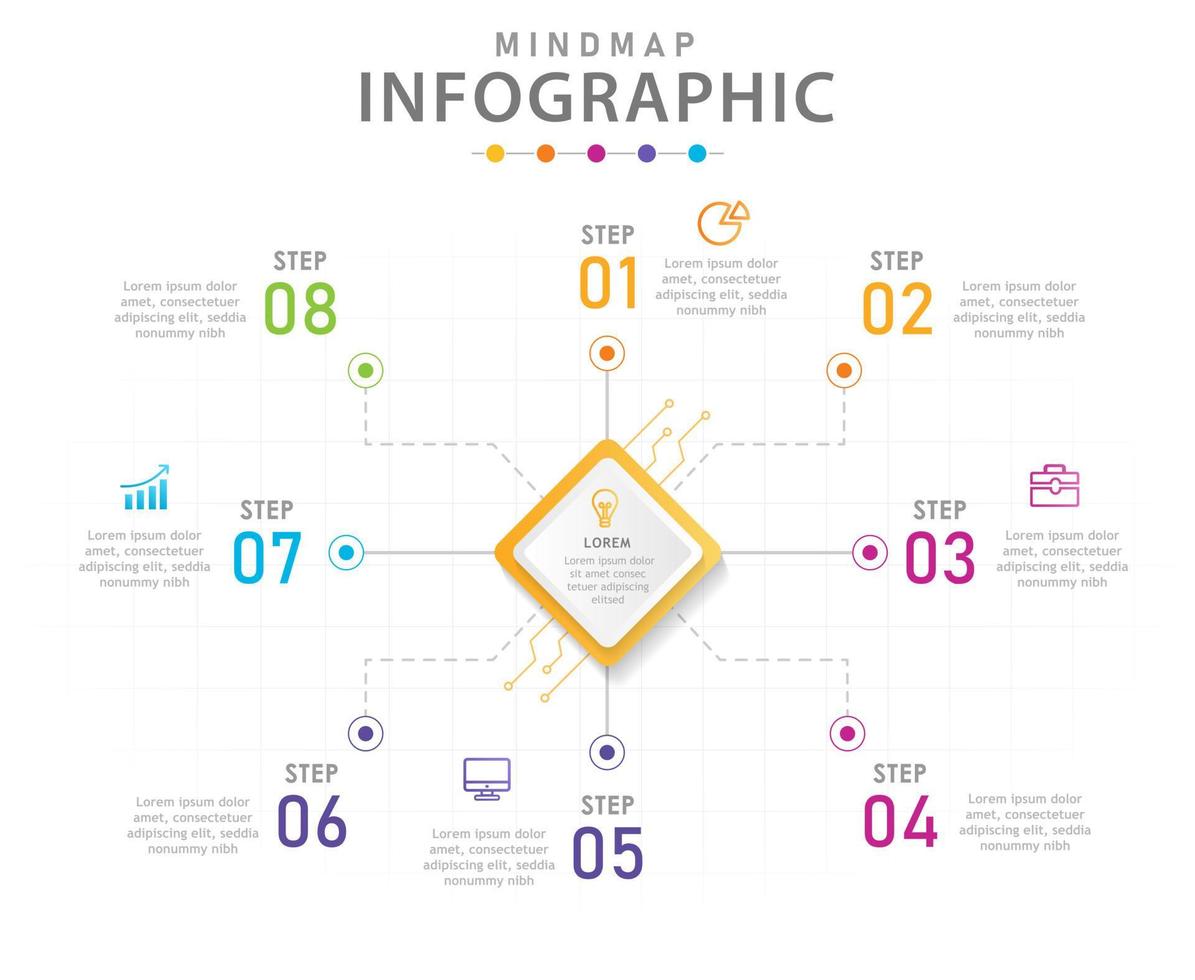 plantilla infográfica para negocios. Diagrama de mapa mental moderno de 8 pasos con concepto curcuit. infografía vectorial de presentación. vector