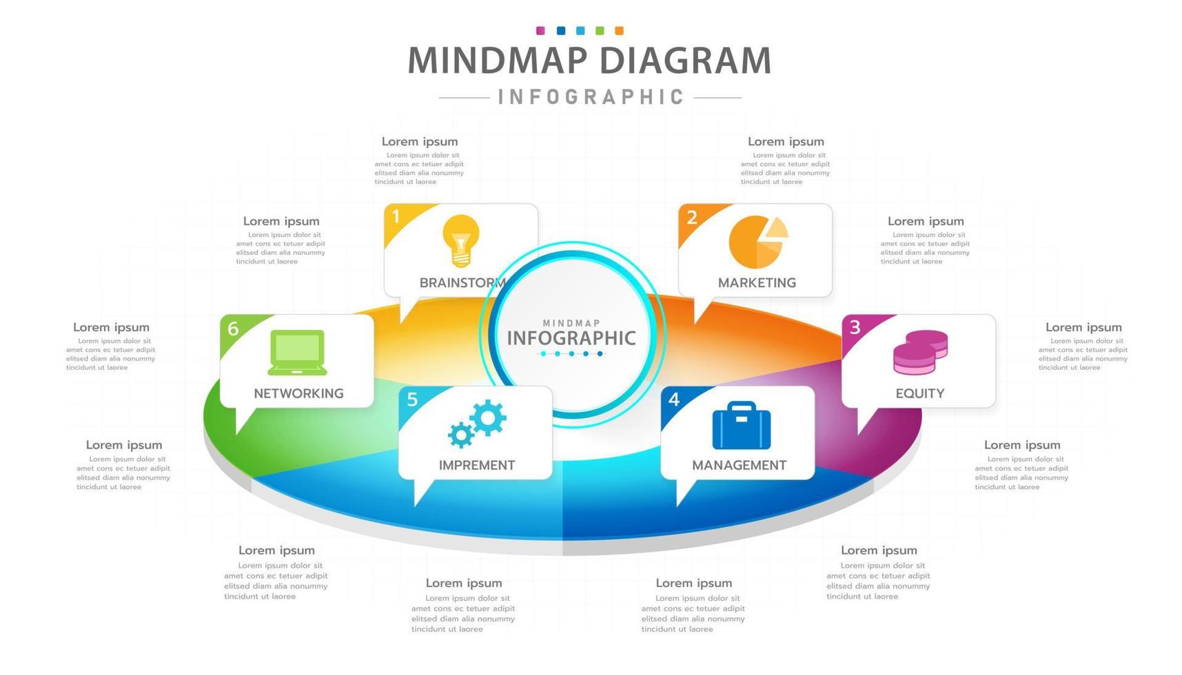 plantilla infográfica para negocios. Diagrama de mapa mental de 6 pasos con gráfico circular de sección, infografía vectorial de presentación. vector