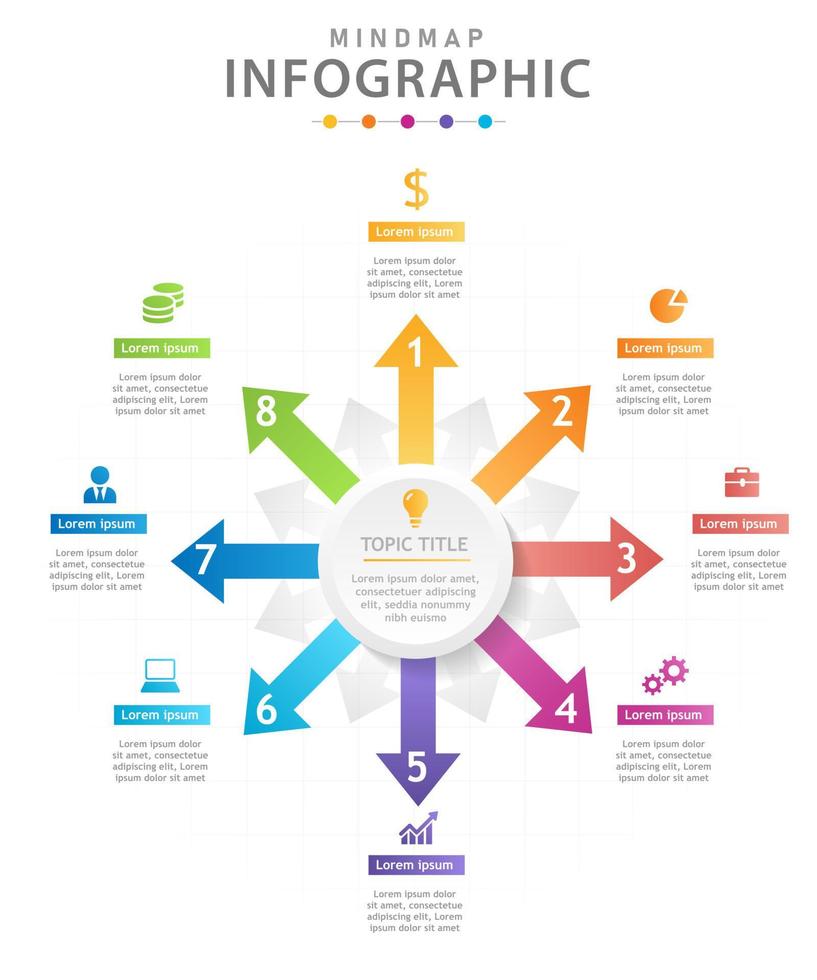 plantilla infográfica para negocios. Diagrama de mapa mental moderno de 6 pasos con flechas, infografía vectorial de presentación. vector