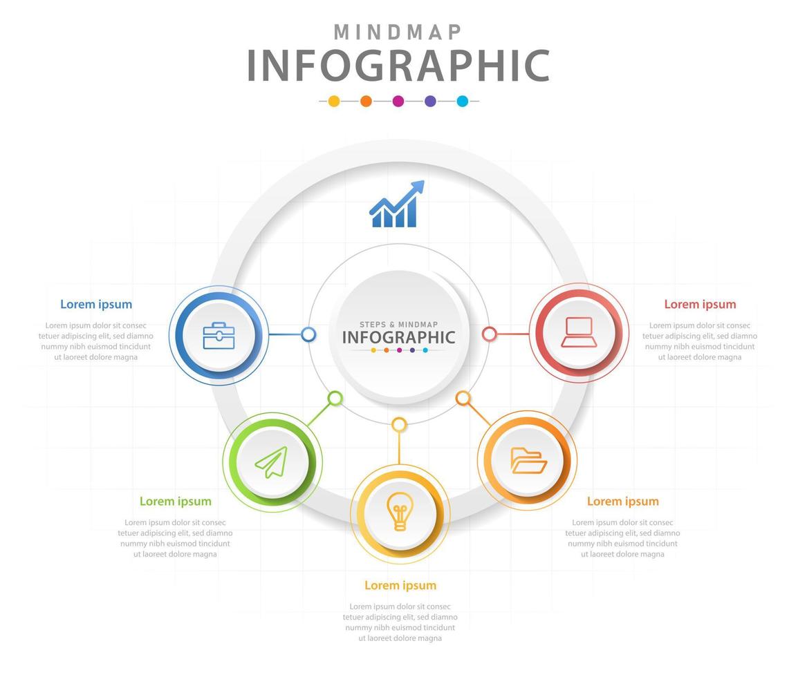 plantilla infográfica para negocios. Diagrama de mapa mental moderno de 5 pasos con círculos, infografía vectorial de presentación. vector