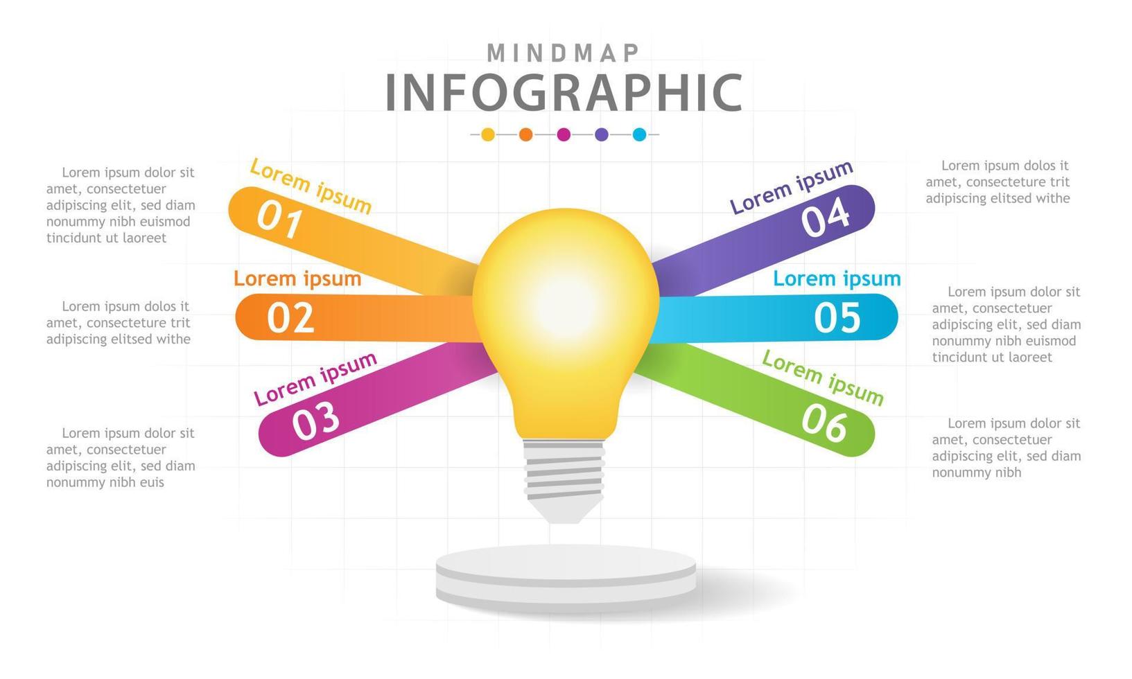 plantilla infográfica para negocios. Diagrama de mapa mental moderno de 6 pasos con bombilla, infografía vectorial de presentación. vector