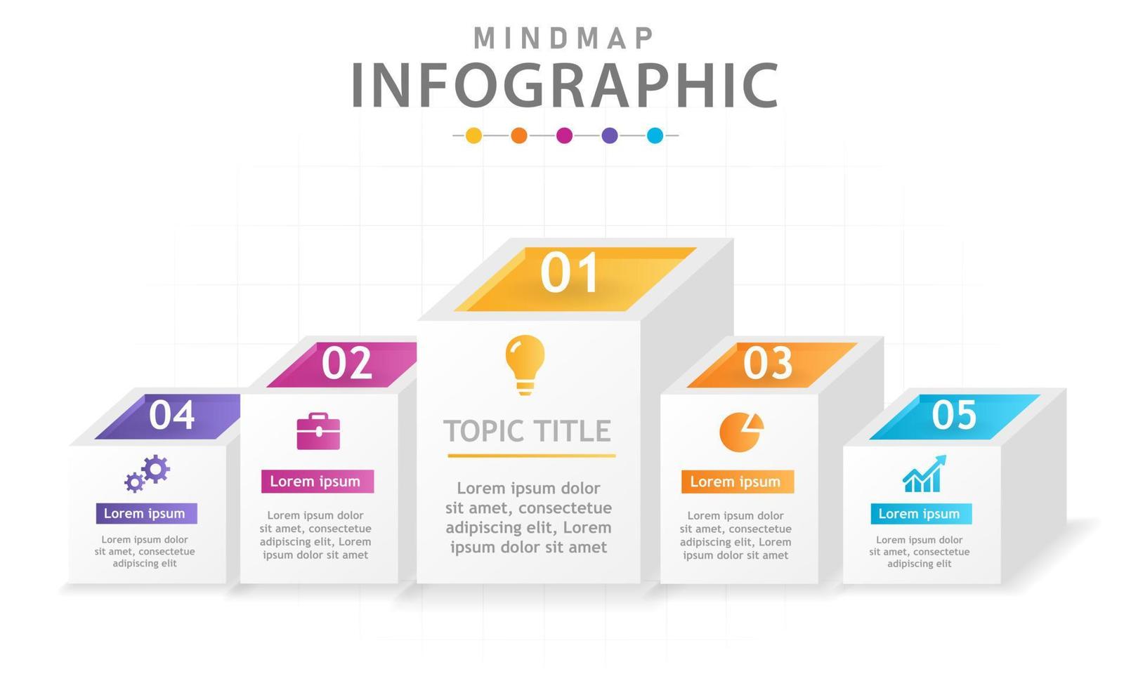 plantilla infográfica para negocios. Diagrama de mapa mental moderno de 5 pasos con cajas 3d, infografía vectorial de presentación. vector