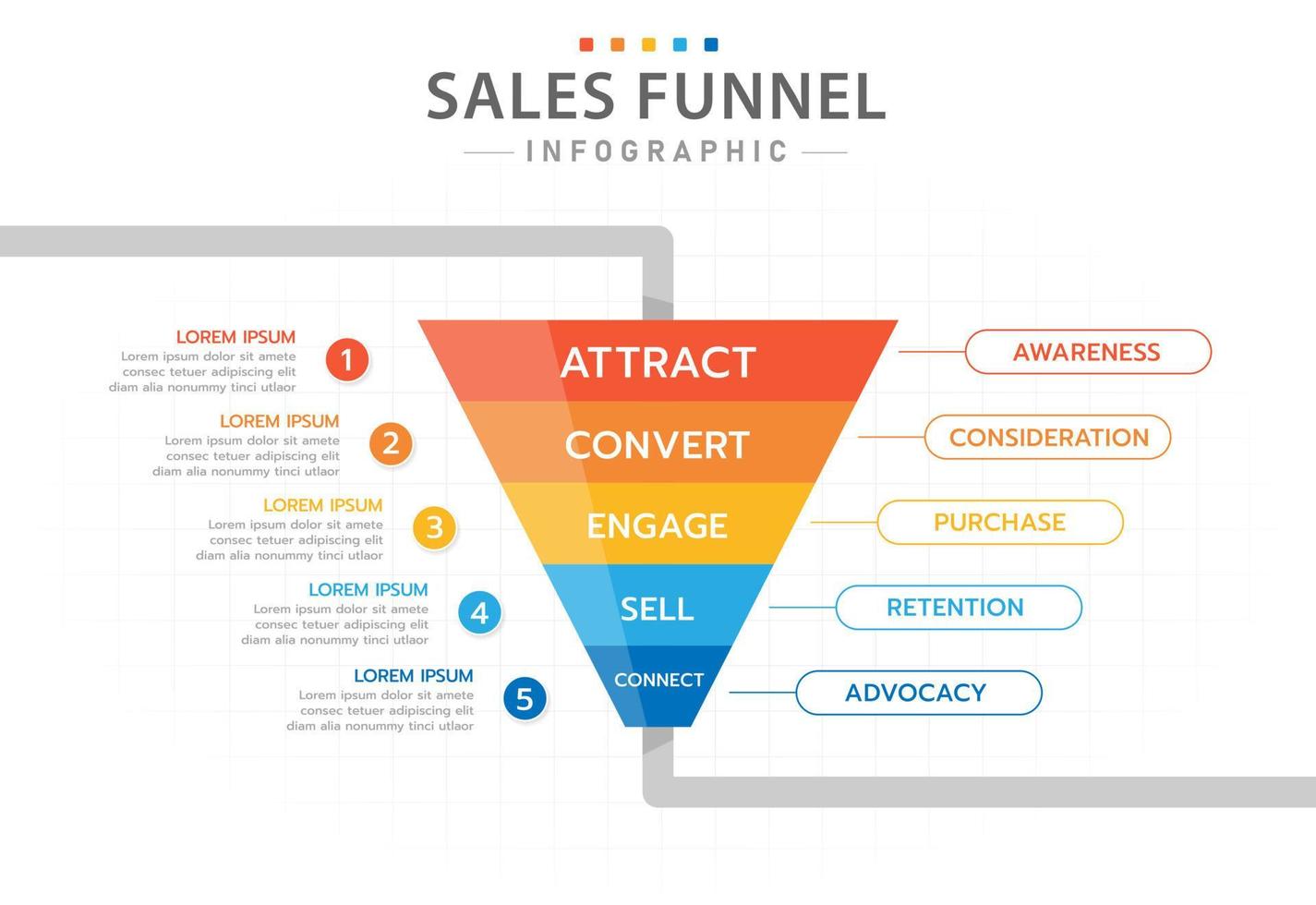 Infographic template for business. 5 Level Modern Sales funnel diagram, presentation vector infographic.