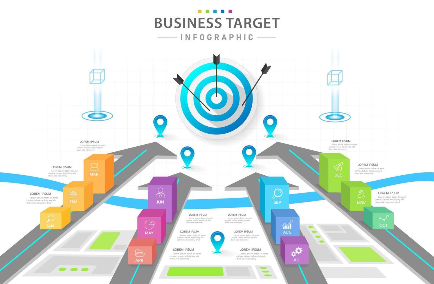 plantilla infográfica para negocios. diagrama de objetivos moderno de 12 meses con trimestres de año, infografía vectorial de presentación. vector