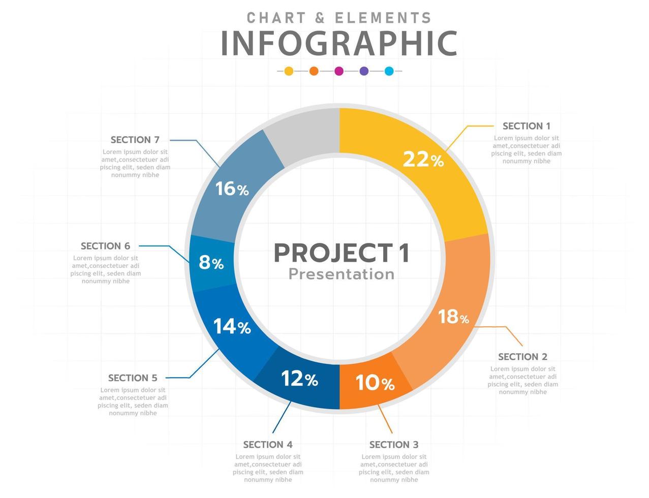 plantilla infográfica para negocios. Elemento de diagrama de gráfico circular de 7 pasos, infografía vectorial de presentación. vector