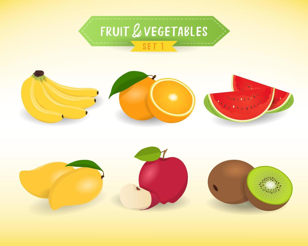 conjuntos de frutas y verduras, estilo minimalista. frutas frescas con plátano, naranja, sandía, mango, manzana y kiwi. vector