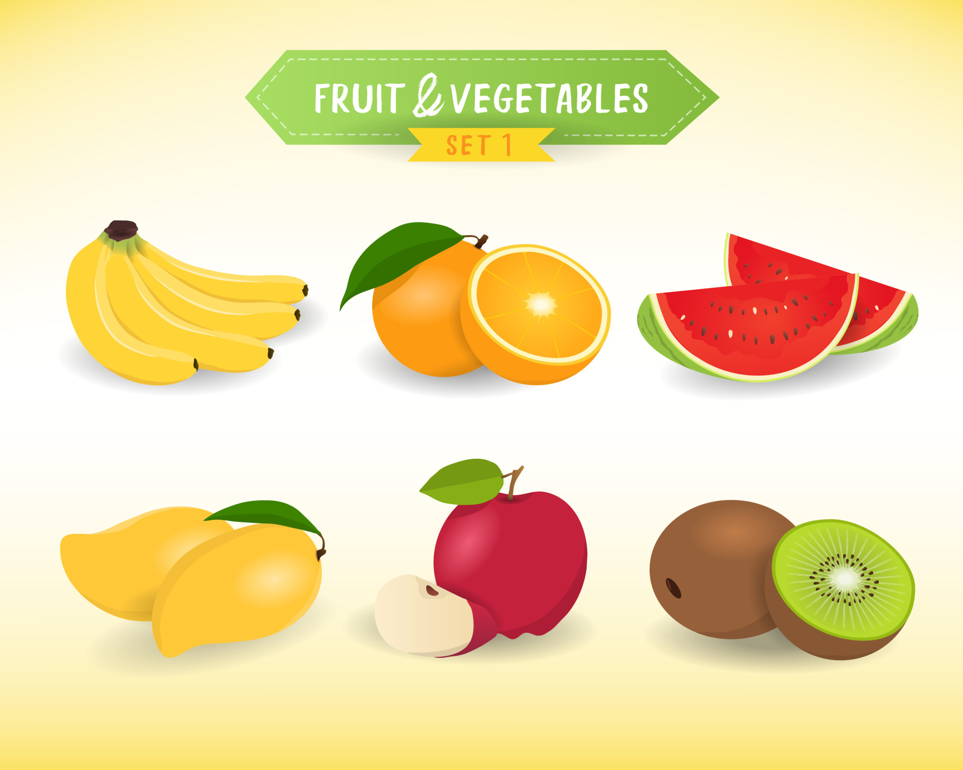Fruit and Vegetable sets, minimal style. Fresh fruits with banana