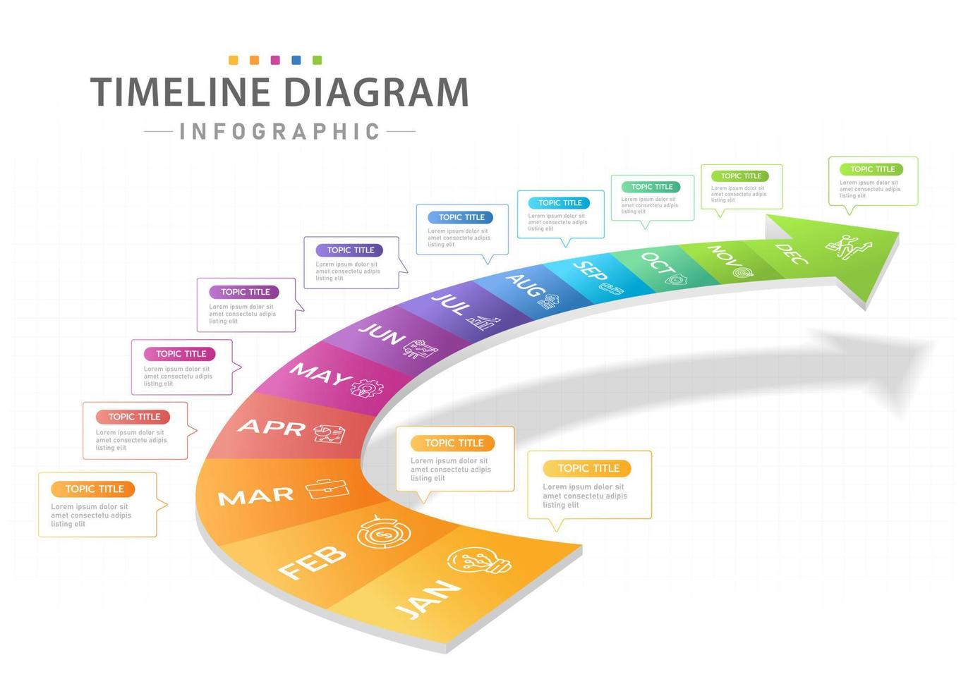 infographic template for business. Monthly Modern Timeline diagram calendar with 3D stair Gantt chart. vector