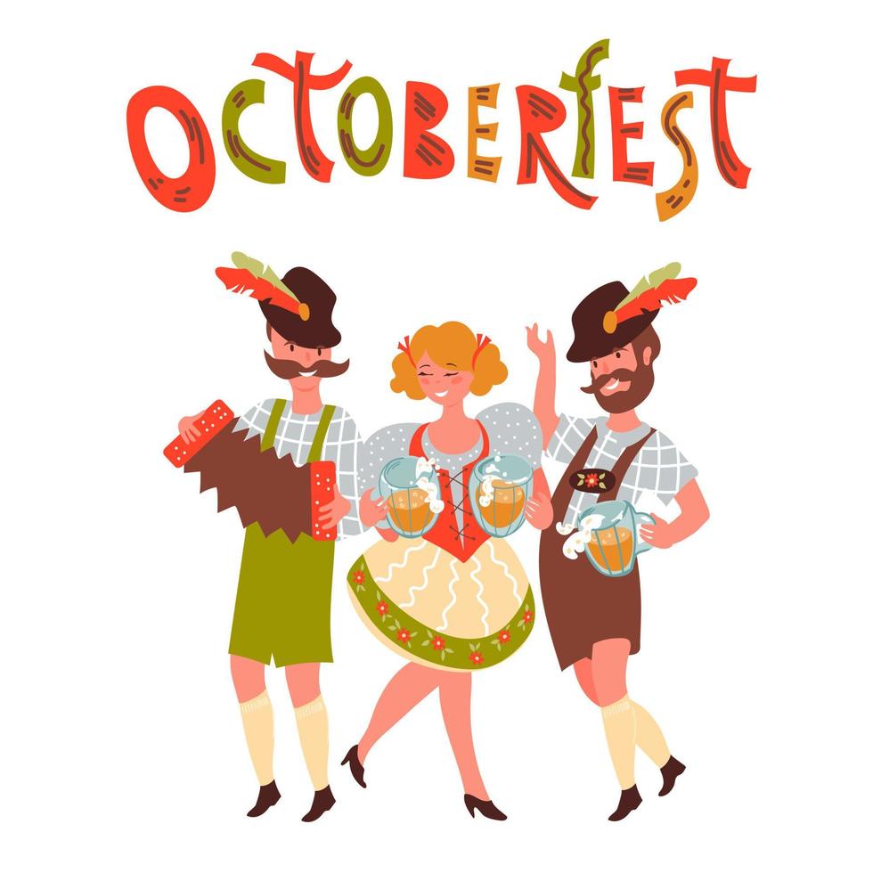 Oktoberfest beer party banner or poster with people in traditional costumes, flat vector illustration.