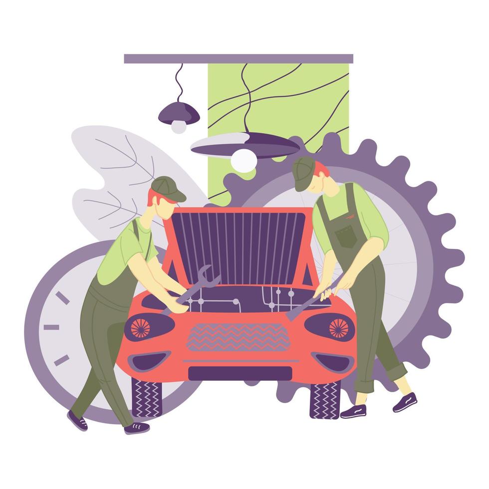 reparación mecánica de automóviles en taller de vehículos o garaje. servicio técnico de automóviles, estación y personajes de dibujos animados de trabajadores, reparadores. ilustración vectorial plana aislada sobre fondo blanco. vector