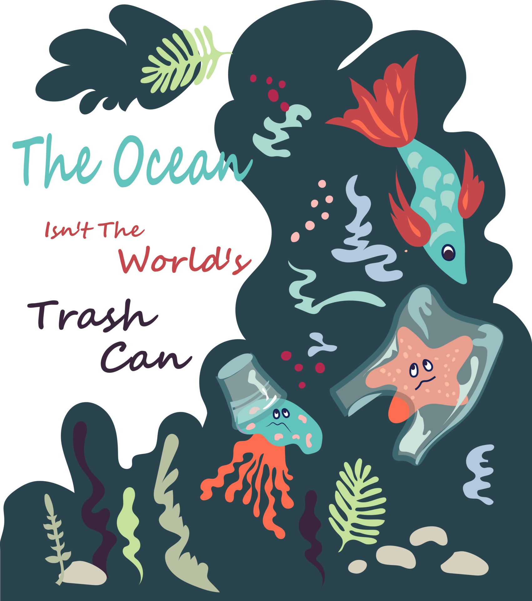 A poster containing a call to save ocean from plastic waste with a sea  dewells entangled in a bags, vector. Fighting for ecology and reducing the  use of plastic concept. 6993172 Vector
