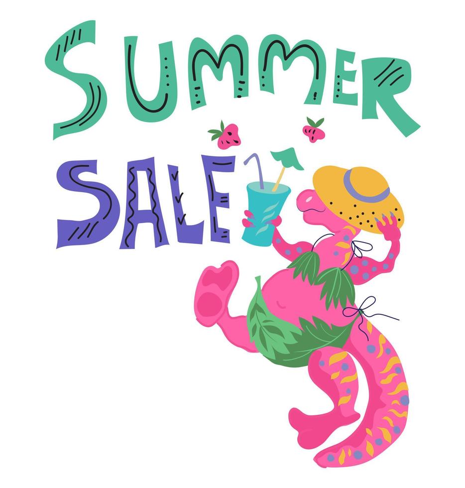 Summer sale banner or poster with funny dino cartoon character, flat vector illustration.