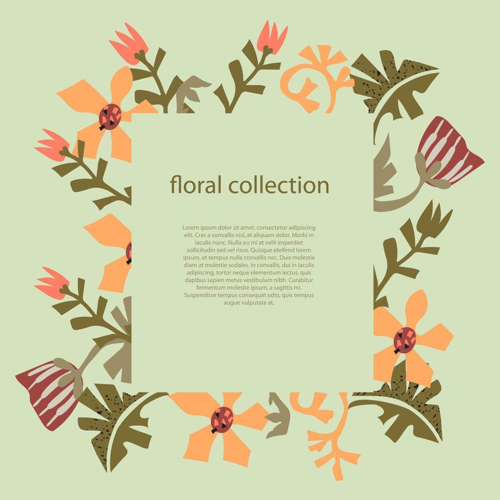 marco de texto de flores y hojas plantilla dibujada a mano en estilo escandinavo y espacio de copia. artículo de revista, página web, plantilla de póster con ilustración de vector de borde floral decorativo.