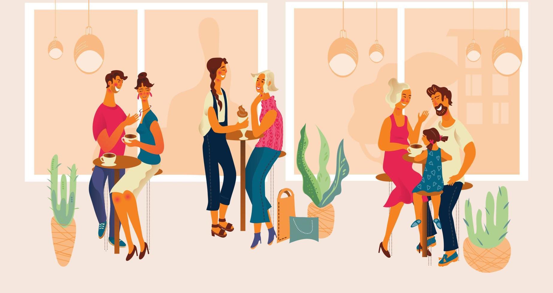 People in cafe or cafeteria in shopping mall - drinking coffee, talking and resting after shopping. Couples, friends and family spending time together. Flat cartoon vector illustration.