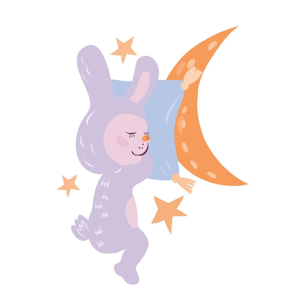 tarjeta con lindo conejito o conejo durmiente, luna y estrellas. buenas noches tema personaje de dibujos animados de animales para artículos de guardería y niños. ilustración vectorial plana aislada sobre fondo blanco. vector