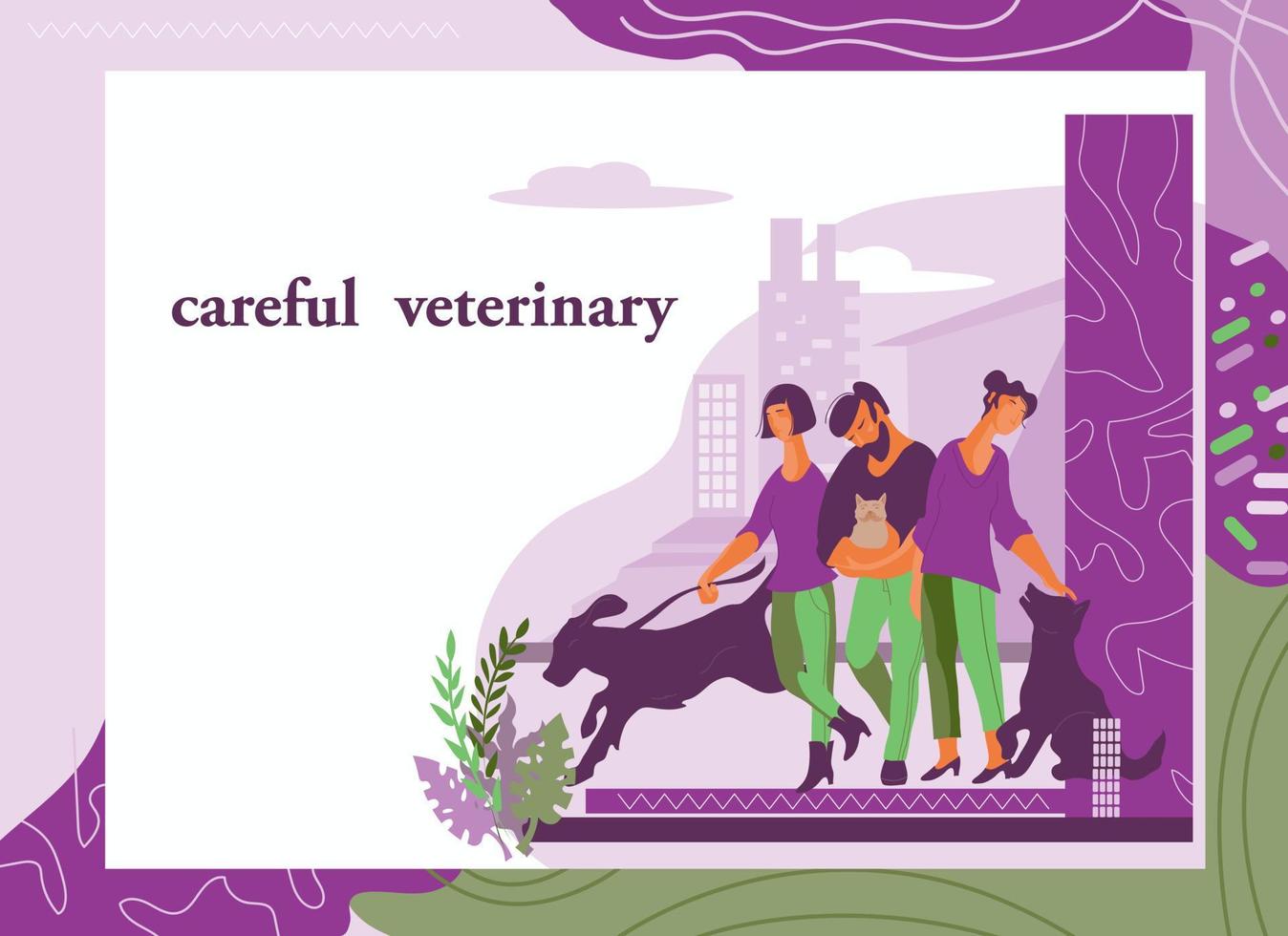 Vet clinic web design for website and landing page with people cartoon characters and pets. Animals care and treatment, veterinary medicine, hospital or pet shop concept. Flat vector illustration.