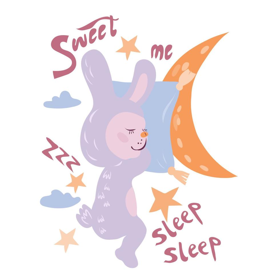 tarjeta con lindo conejito o conejo durmiente, luna, estrellas y letras. buenas noches tema animal de dibujos animados y dulce sueño texto para artículos de guardería y niños. ilustración vectorial plana aislada. vector