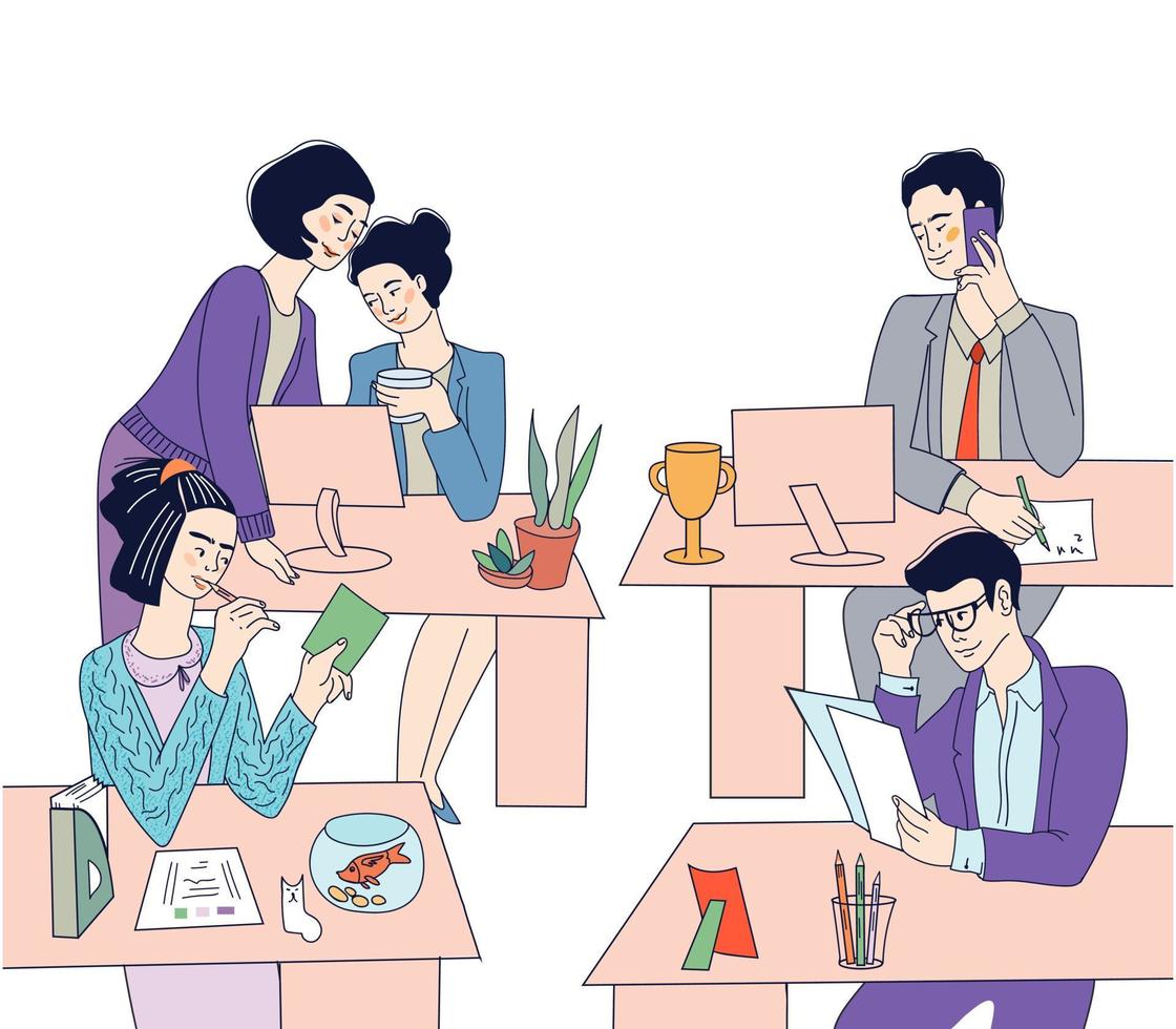 Business people, men and women busy at working place. Professional office workers or managers  vector characters illustration. Partnership and occupation, cooperation. Work day in office and teamwork.