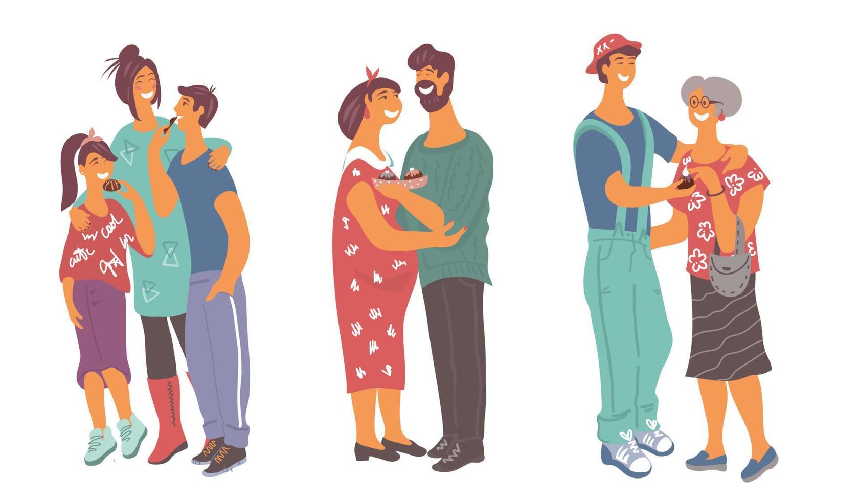 Diverse people - mother and children, a couple in love, a man and granny treat each other with chocolate and show love and care. Friendship and relations vector illustration concept.