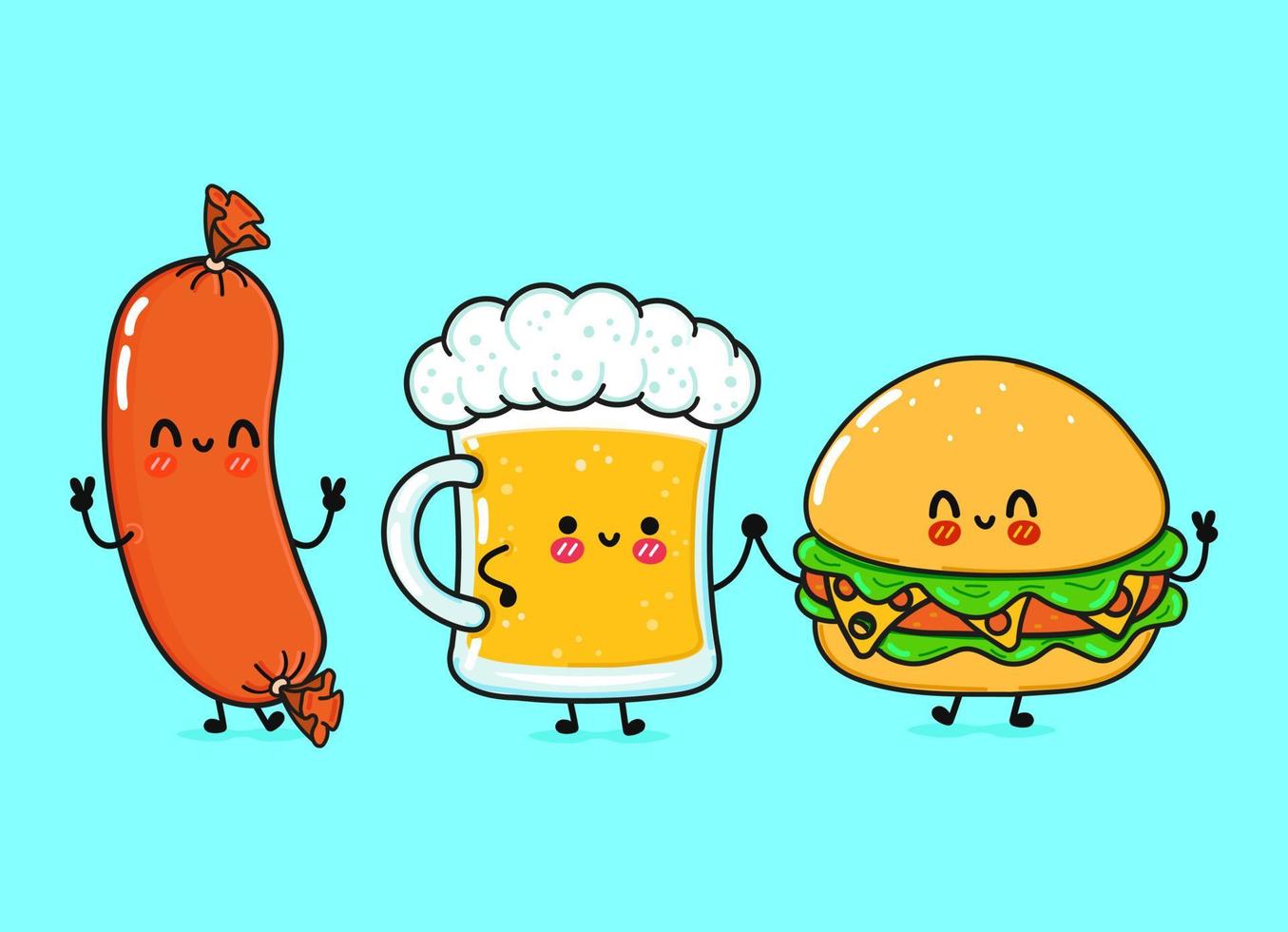 Cute, funny happy glass of beer, sausage and hamburger. Vector hand drawn cartoon kawaii characters, illustration icon. Funny cartoon glass of beer, sausage and hamburger mascot friends concept