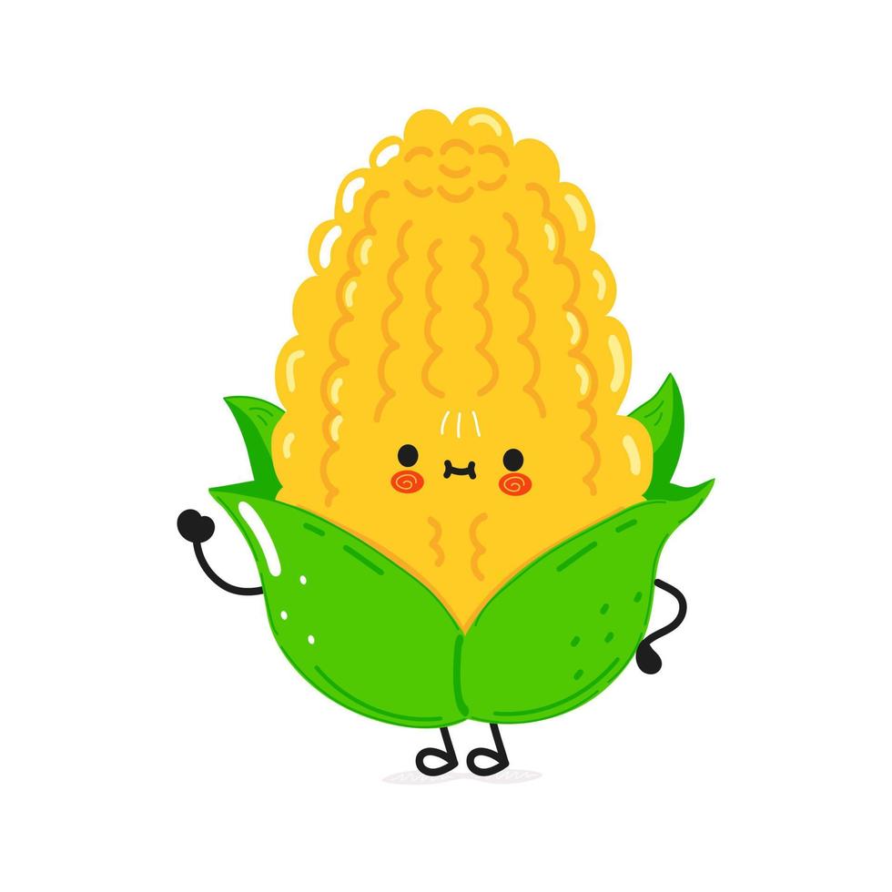 Cute funny corn waving hand character. Vector hand drawn cartoon kawaii character illustration icon. Isolated on white background. Corn character concept