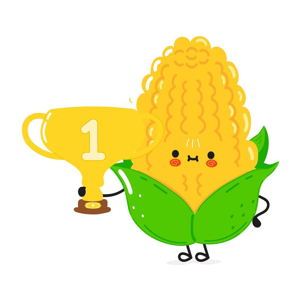 Cute funny corn hold gold trophy cup. Vector hand drawn cartoon kawaii character illustration icon. Isolated on white background. Corn with winner trophy cup