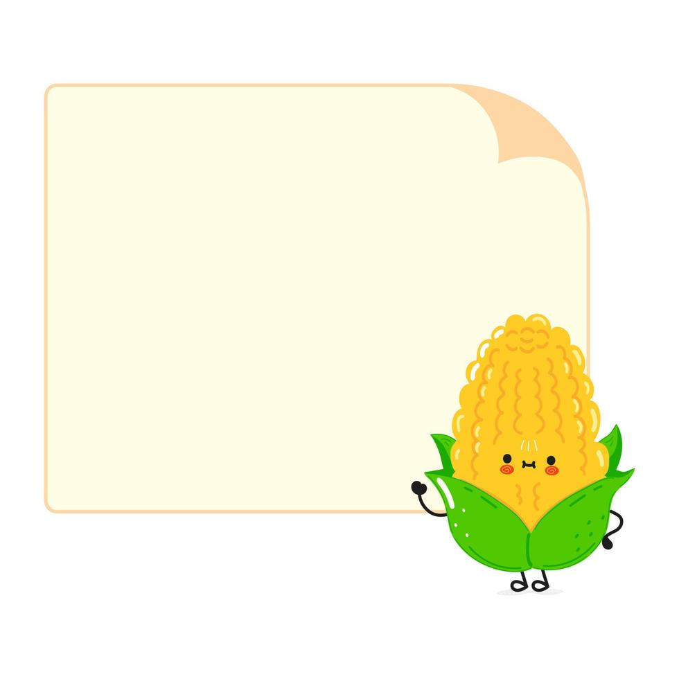 Cute funny corn character with speech bubble. Vector hand drawn cartoon kawaii character illustration icon. Isolated on white background. Corn character concept