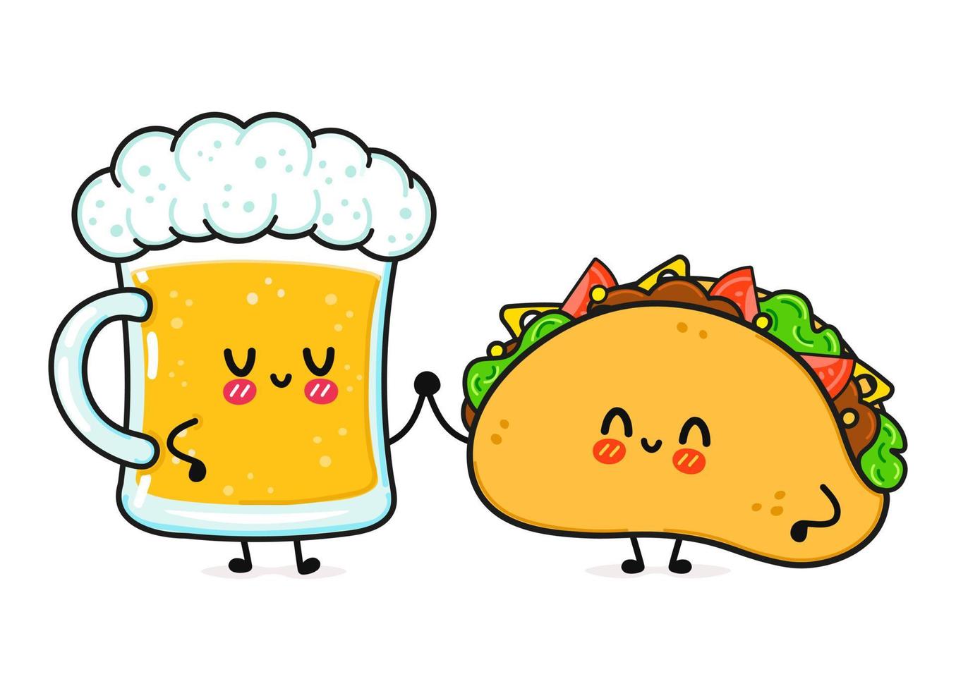 Cute, funny happy glass of beer and taco. Vector hand drawn cartoon kawaii characters, illustration icon. Funny cartoon glass of beer and taco mascot friends concept