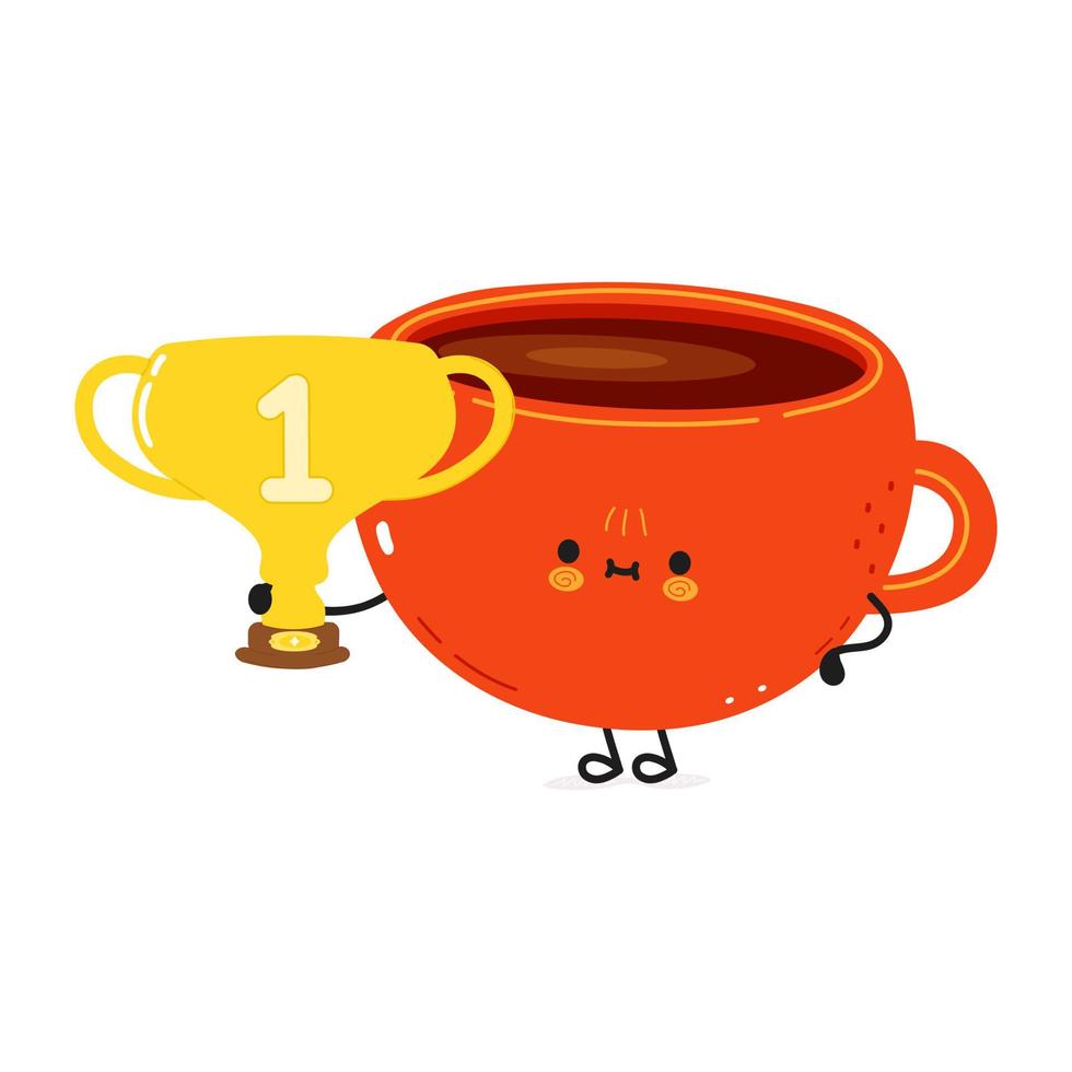 Cute funny cup of coffee hold gold trophy cup. Vector hand drawn cartoon kawaii character illustration icon. Isolated on white background. Cup of coffee with winner trophy cup