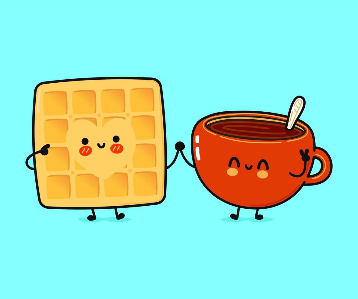 Cute, funny happy cup of coffee and waffles character. Vector hand drawn cartoon kawaii characters, illustration icon. Funny cartoon cup of coffee and waffles friends concept