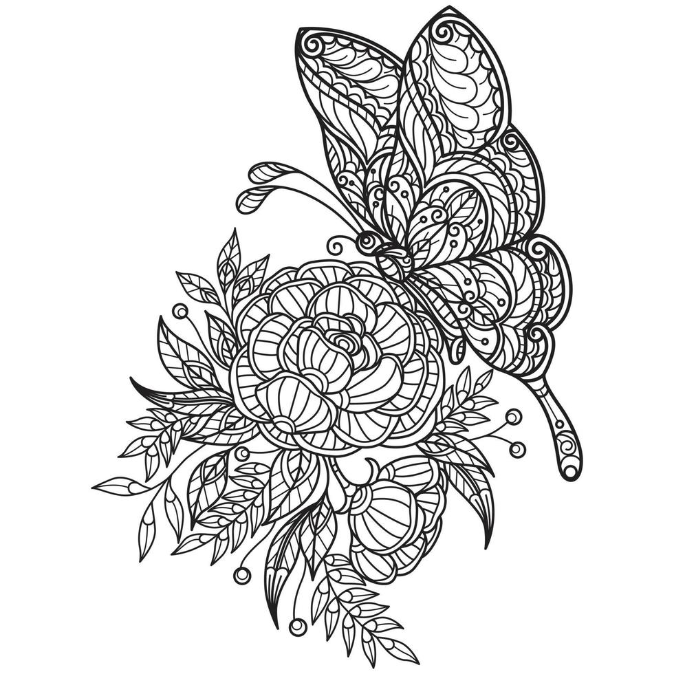 Butterfly and flowers hand drawn for adult coloring book vector