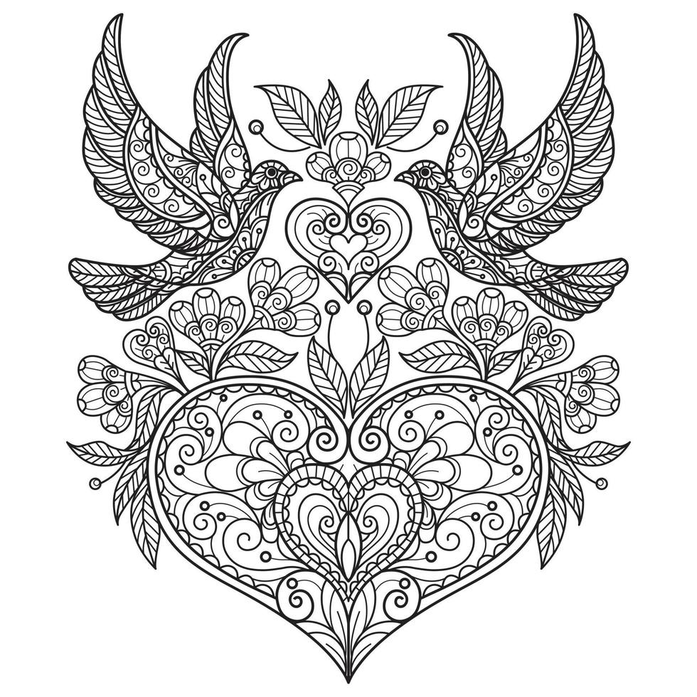 Dove and heart hand drawn for adult coloring book vector