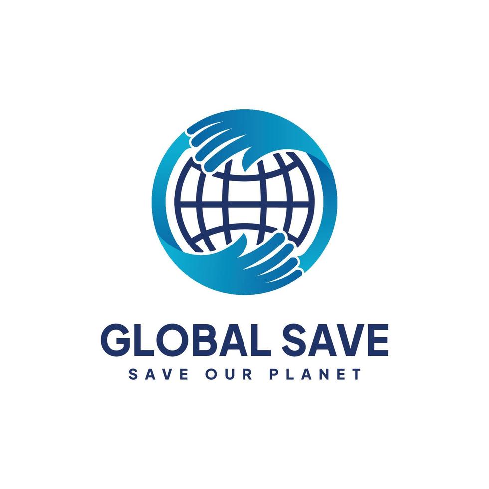 salvar el logotipo global salvar nuestro planeta. manos abrazando el logo de la tierra vector