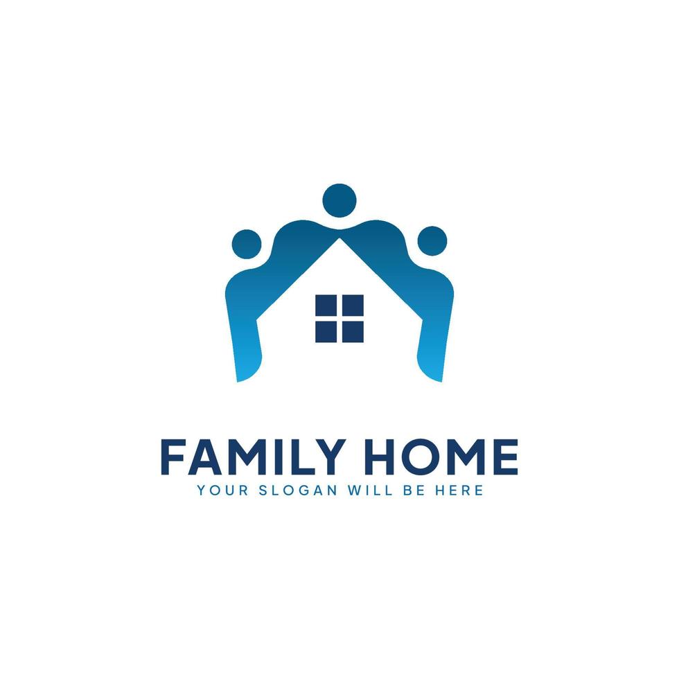 Family Home logo, illustration of three people or families hugging in their beloved home. vector