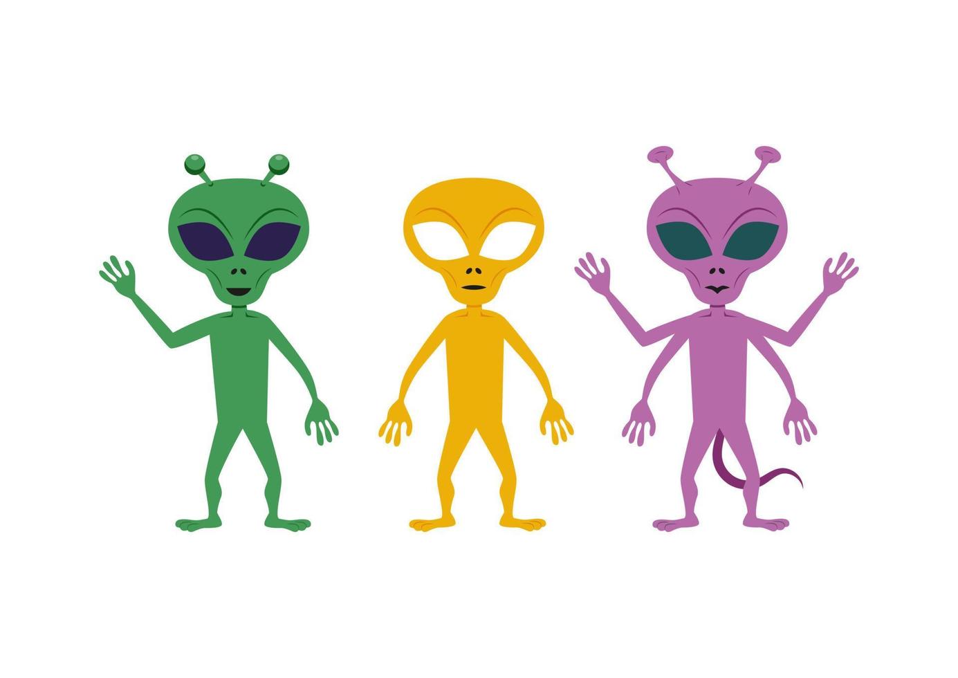 conjunto de tres alienígenas coloridos en diferentes posiciones. ilustración vectorial de tres alienígenas diferentes vector