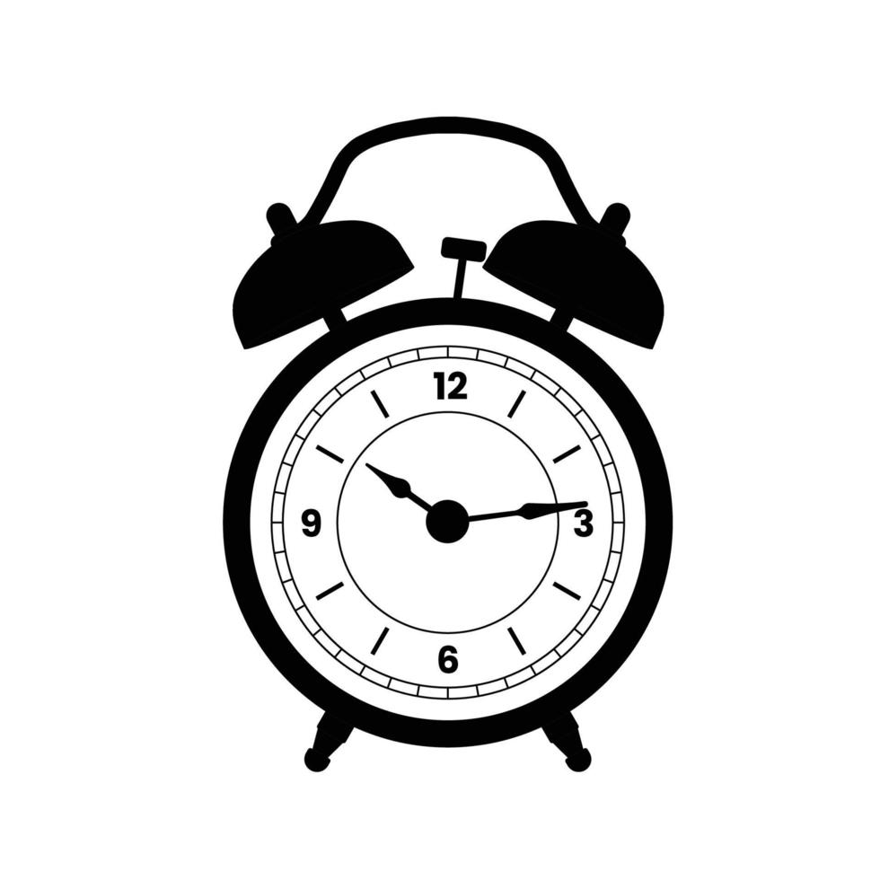 Alarm Clock Silhouette Black and White Illustration Icon on Isolated White Background Suitable for Measuring Device, Alert, Time Icon vector