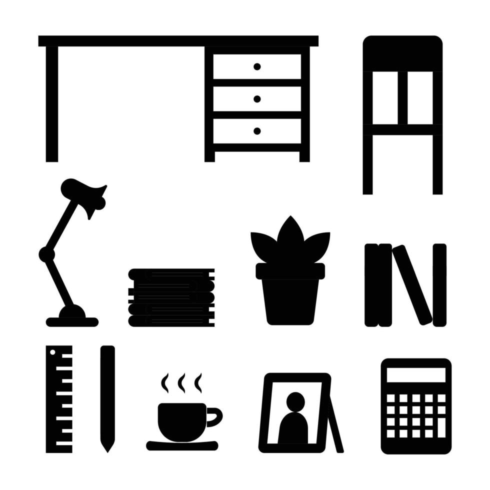 icono de ilustración en blanco y negro de silueta de objeto de estudio de regreso a la escuela sobre fondo blanco aislado adecuado para aprender, interior, icono de sala de estudio vector