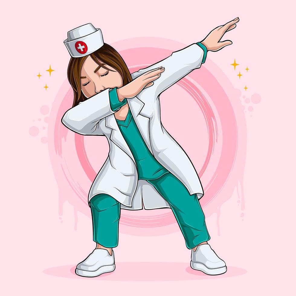 mujer enfermera haciendo dabbing dance, movimiento de dab de personaje de atención médica médica, dabbing doctor vector