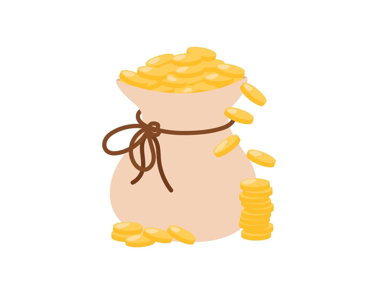 Money bag isolated. Gold coins falling from overflowing bag with rope. Vector flat illustration. Symbol of wealth and success