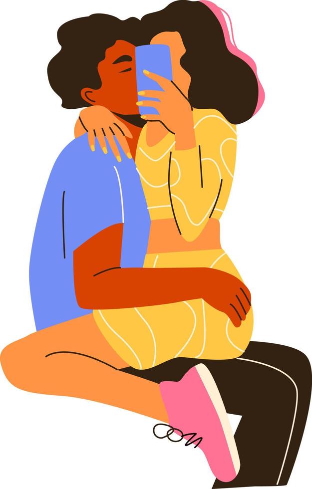 A diverse cuddling couple making a selfie with a smartphone. Man and woman hugging and kissing. A concept of modern relationship and young love. vector