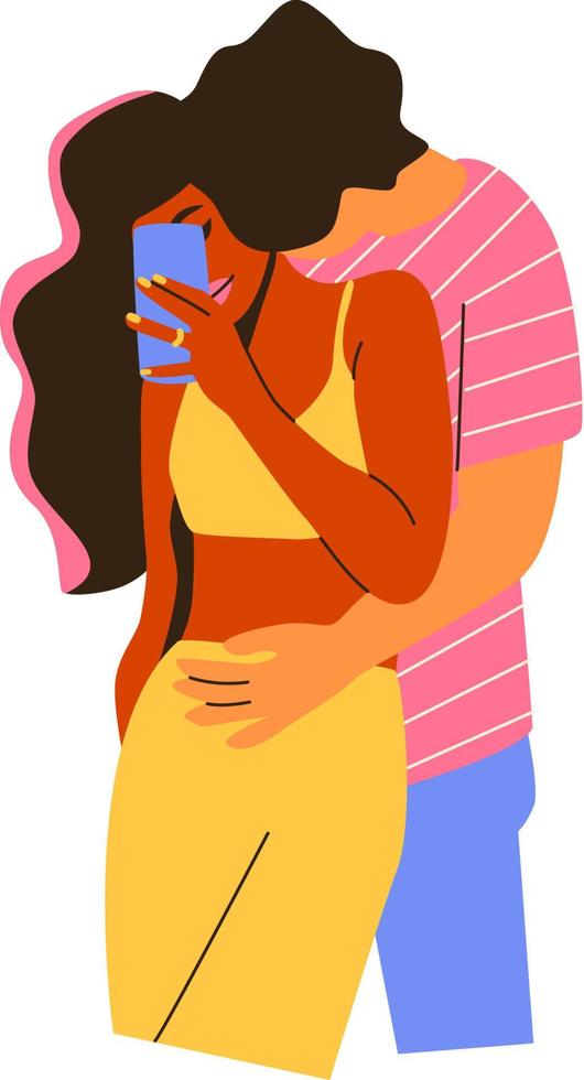 Romantic couple hugging and making selfie pictures with smartphone. A concept of diversity in relationship. Colourful illustration in trendy flat style. vector