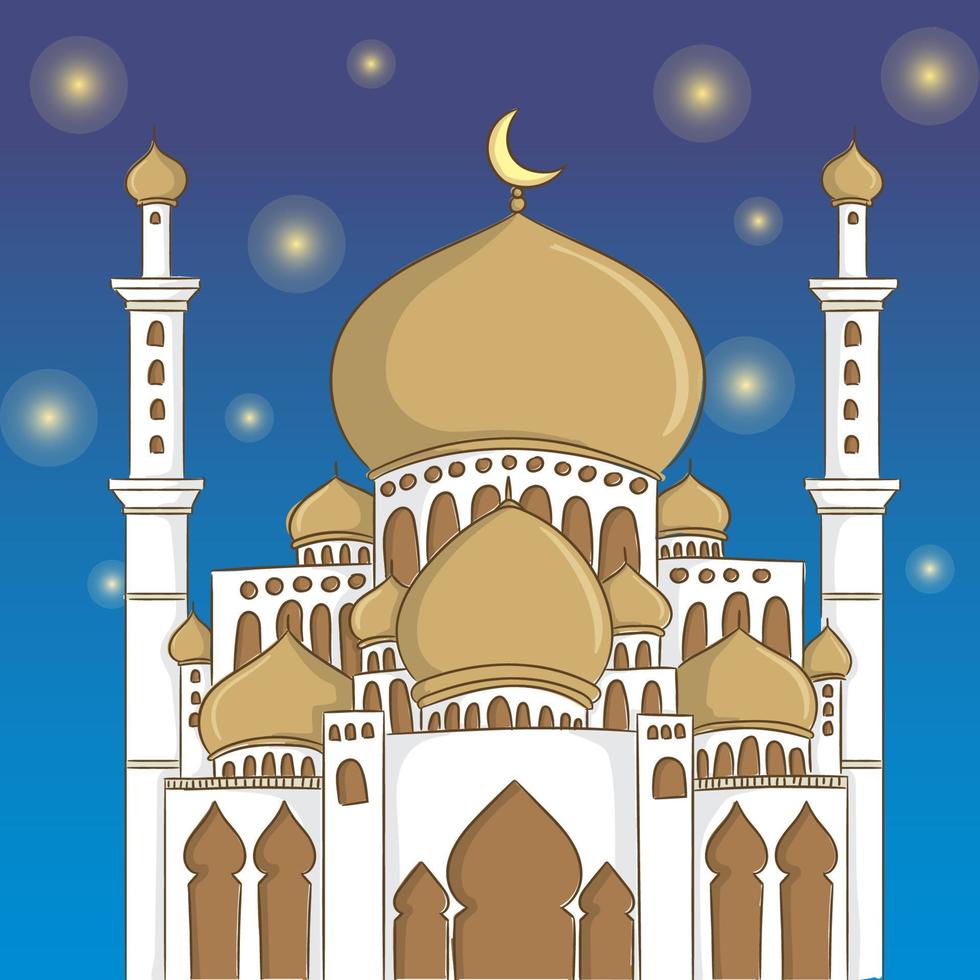 hand draw white and gold mosque at night vector