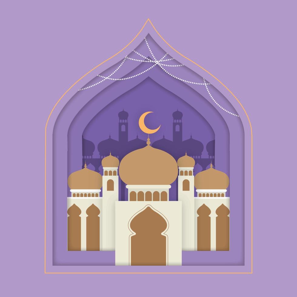 feliz eid mubarak mezquita blanca y dorada con fondo morado cortado en papel vector