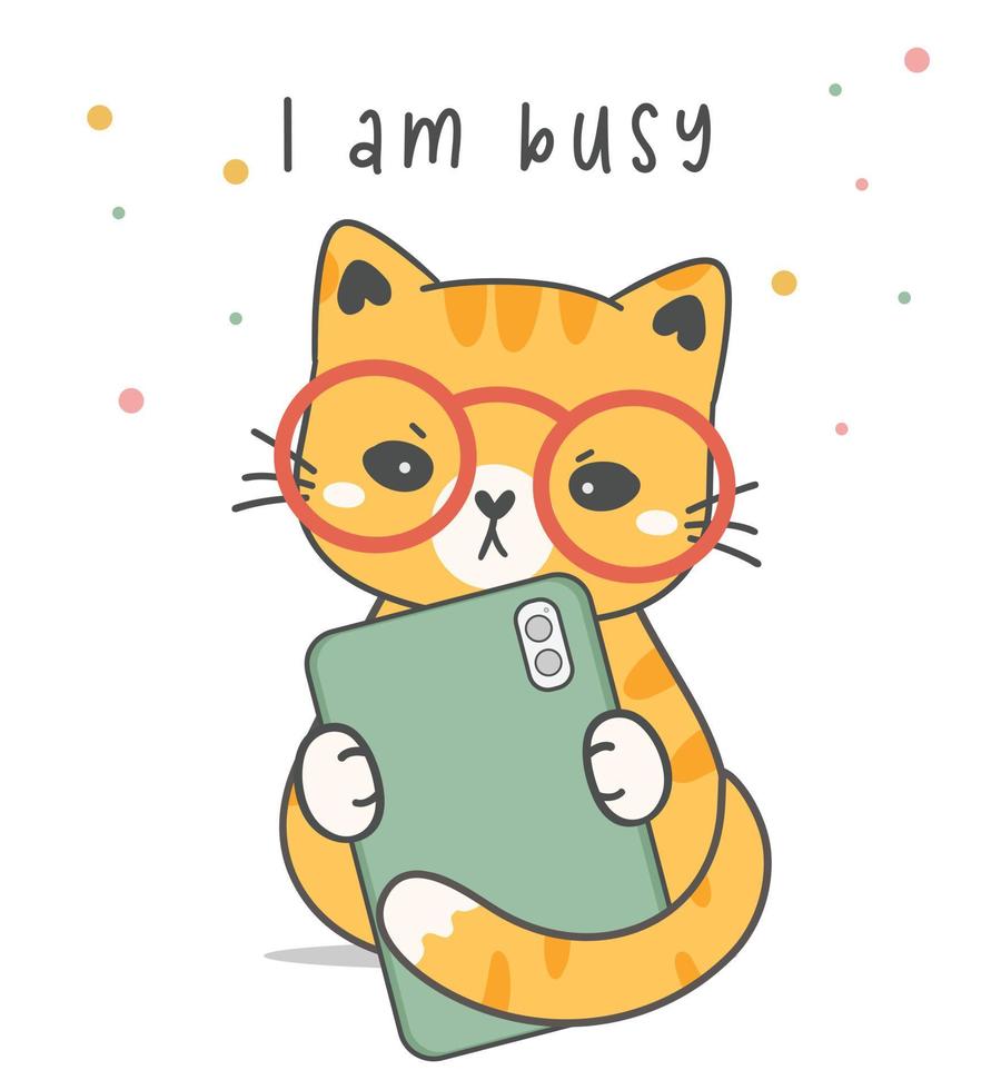 cute orange gingner kitty cat use mobile phone with serious face, pet animal cartoon hand drawing vector
