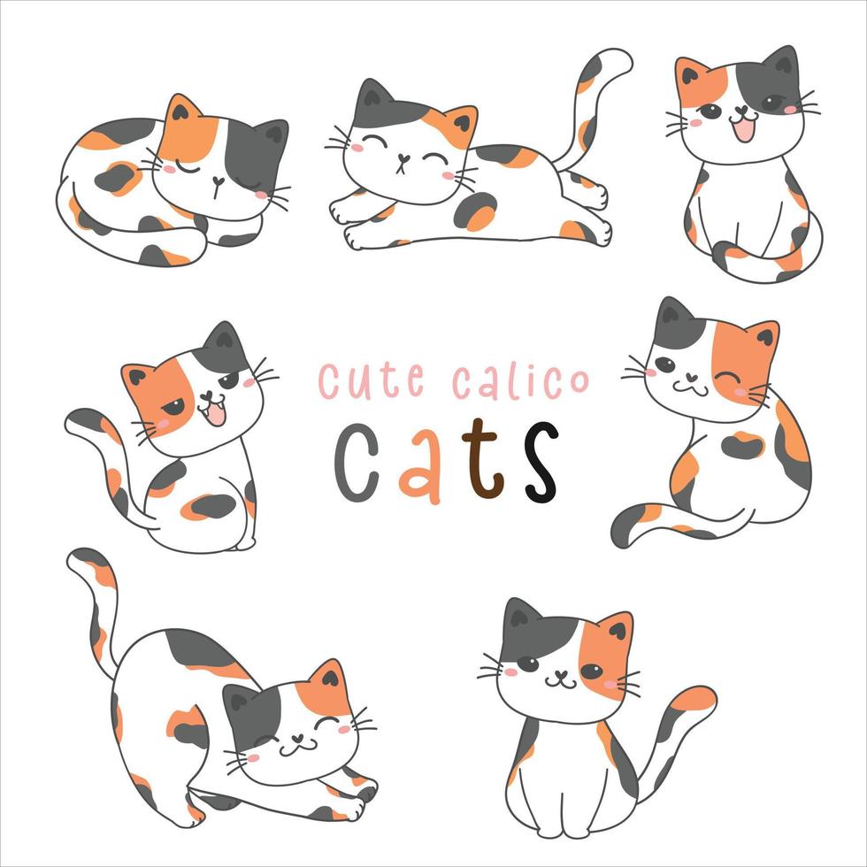 group of cute playful calico kitty cat drawing illustration, tricolor cats vector